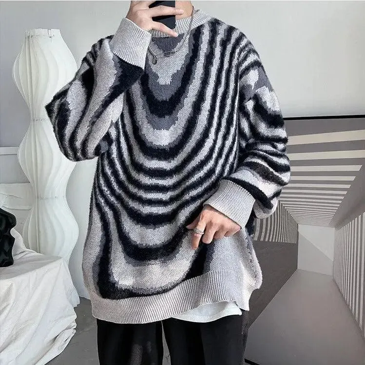 Y2K Sweater with Wavy Stripes and Classic Crew Neck Long Sleeves