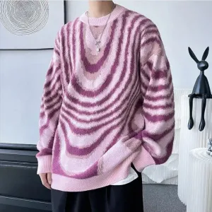 Y2K Sweater with Wavy Stripes and Classic Crew Neck Long Sleeves