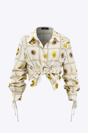 Yoana - Eye Catching Geometric Galaxy Woman's Tie Front Long Sleeve Shirt