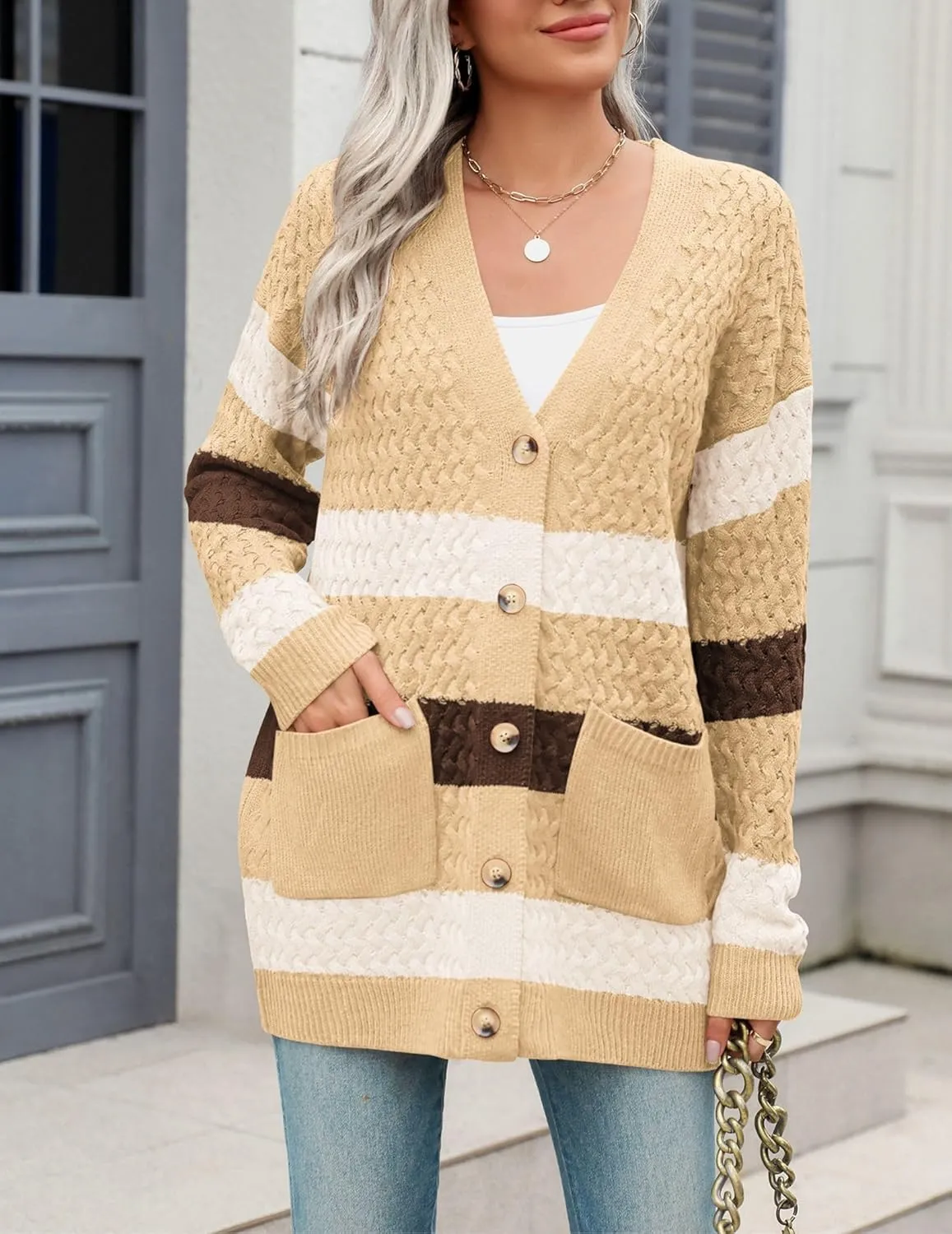 Zeagoo Womens 2024 Long Sleeve Chunky Cable Knit Fall Cardigans Sweaters Button Down Open Front Outerwear with Pockets