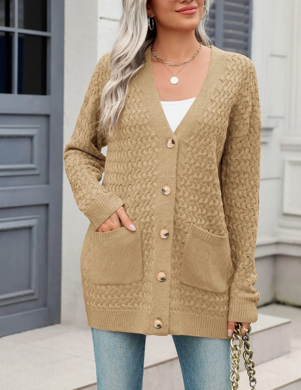 Zeagoo Womens 2024 Long Sleeve Chunky Cable Knit Fall Cardigans Sweaters Button Down Open Front Outerwear with Pockets
