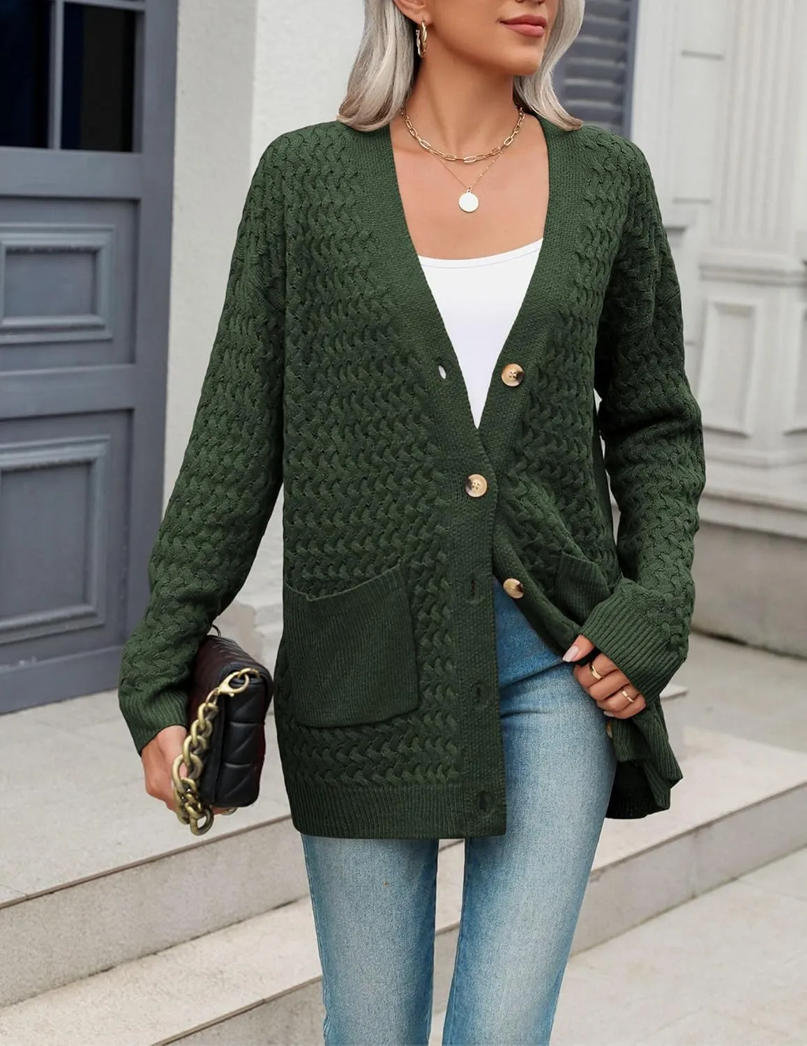 Zeagoo Womens 2024 Long Sleeve Chunky Cable Knit Fall Cardigans Sweaters Button Down Open Front Outerwear with Pockets