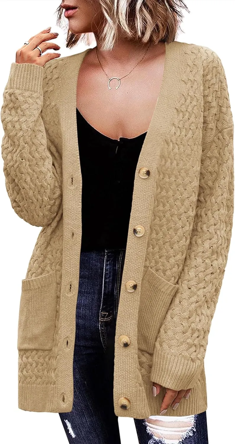 Zeagoo Womens 2024 Long Sleeve Chunky Cable Knit Fall Cardigans Sweaters Button Down Open Front Outerwear with Pockets