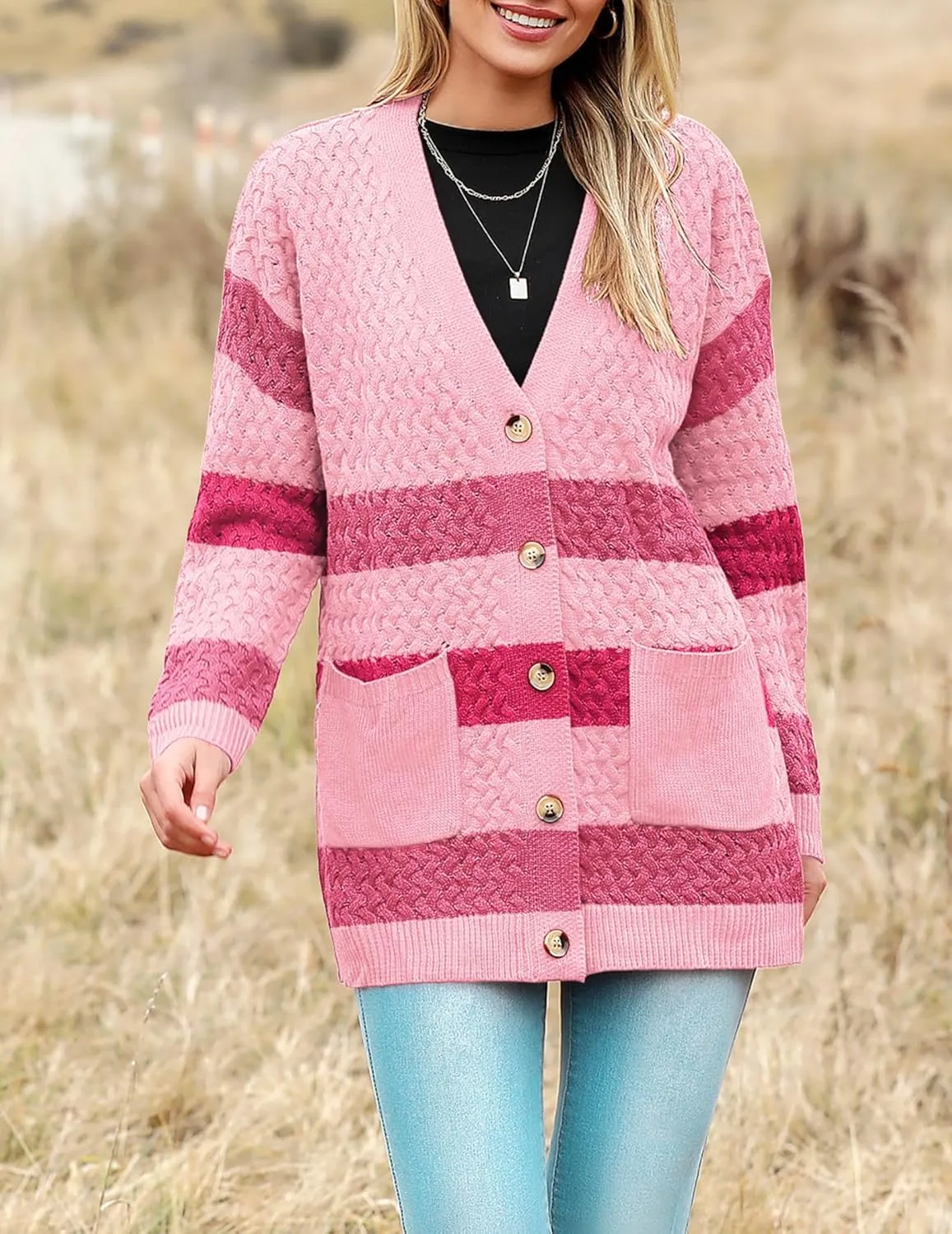 Zeagoo Womens 2024 Long Sleeve Chunky Cable Knit Fall Cardigans Sweaters Button Down Open Front Outerwear with Pockets
