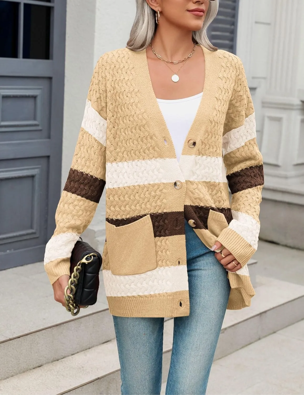 Zeagoo Womens 2024 Long Sleeve Chunky Cable Knit Fall Cardigans Sweaters Button Down Open Front Outerwear with Pockets
