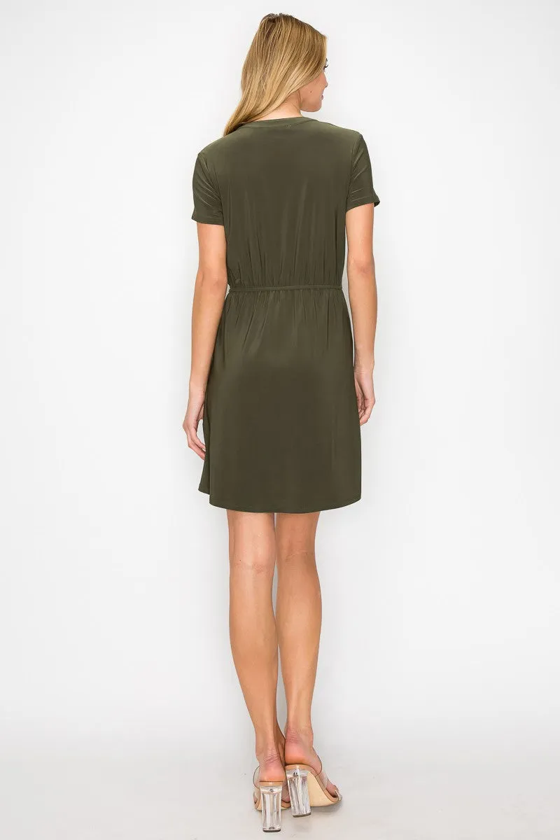 Zipper Placket Pocket Front Tie Waist Shirt Dress
