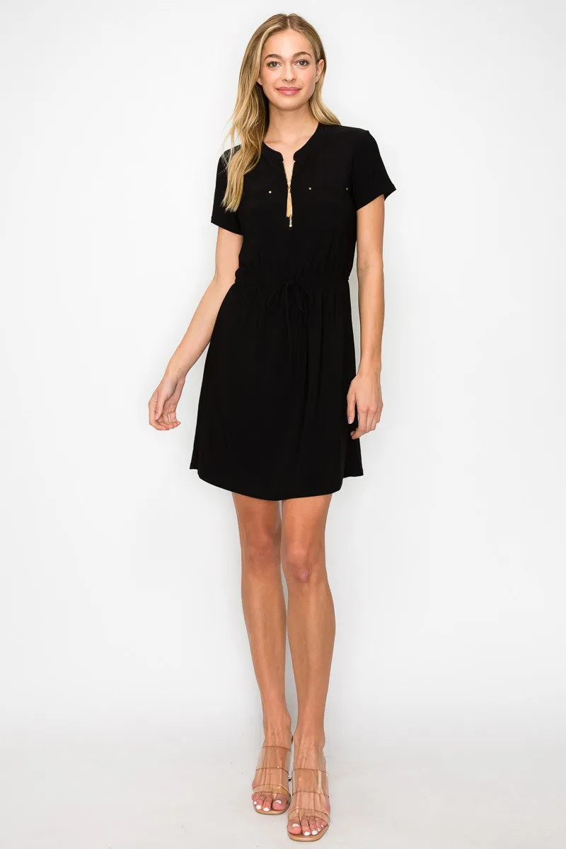 Zipper Placket Pocket Front Tie Waist Shirt Dress