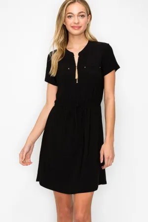 Zipper Placket Pocket Front Tie Waist Shirt Dress