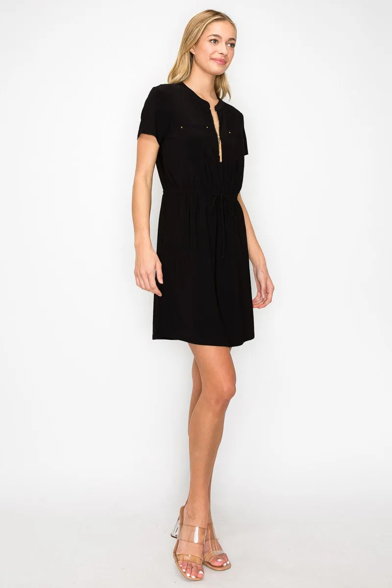 Zipper Placket Pocket Front Tie Waist Shirt Dress