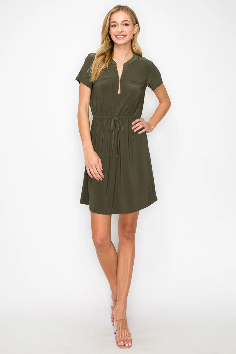 Zipper Placket Pocket Front Tie Waist Shirt Dress