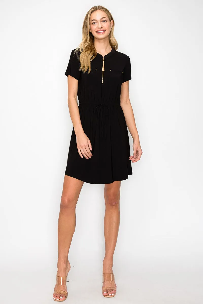 Zipper Placket Pocket Front Tie Waist Shirt Dress